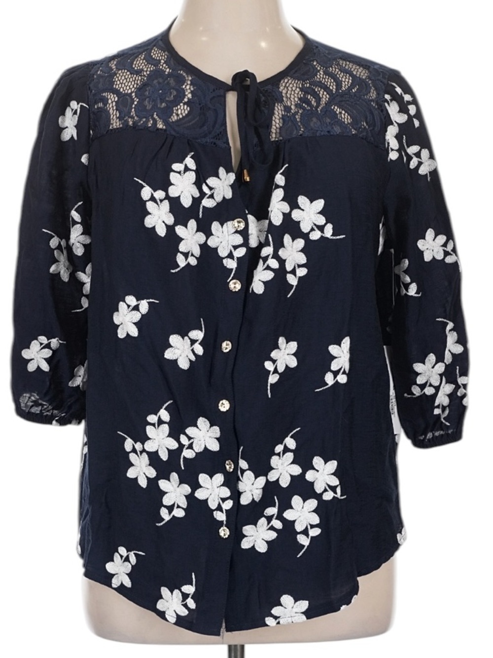 Ana & Rose Women's Navy Floral Embroidered Tie-Neck Blouse 1X Boho Summer NWT
